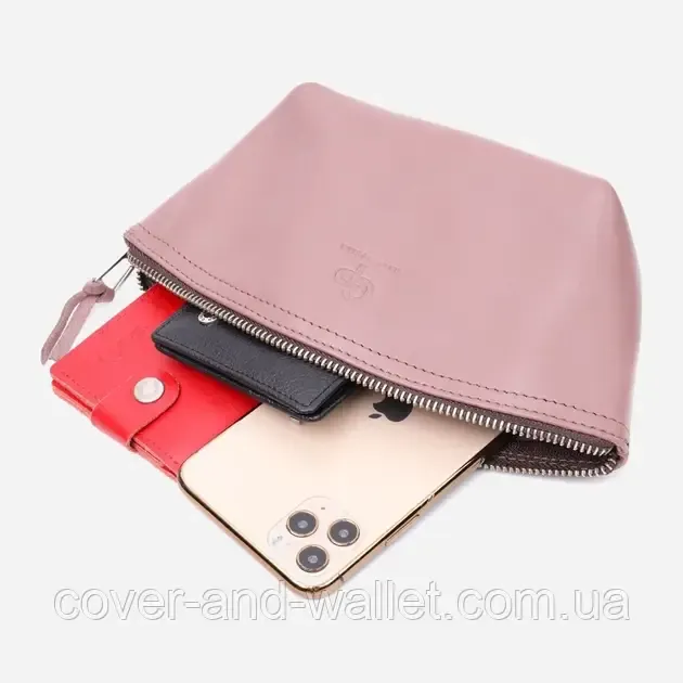 Стильна жіноча шкіряна косметичка пудрового кольору Grande Pelle Київ - фото 5