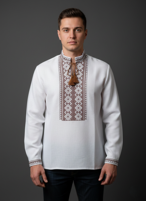 Чоловіча сорочка-вишиванка з коричневим орнаментом Київ - фото 1