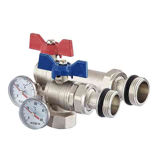 Комплект кранів Koer Set-26 - 1" з роз'ємним з'єднанням та термометром для колекторної групи (KR5470) Київ