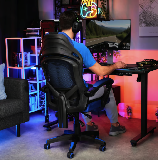 Геймерское компьютерное кресло черное с синим Sporte для дома, игровое кресло с выдвижной подставкой для ног Киев - изображение 4