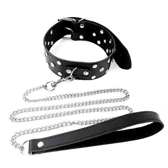Ошейник с поводком из натуральной кожи с заклепками Art of Sex - Jenna Collar with Leash, черный Sex Aura Киев