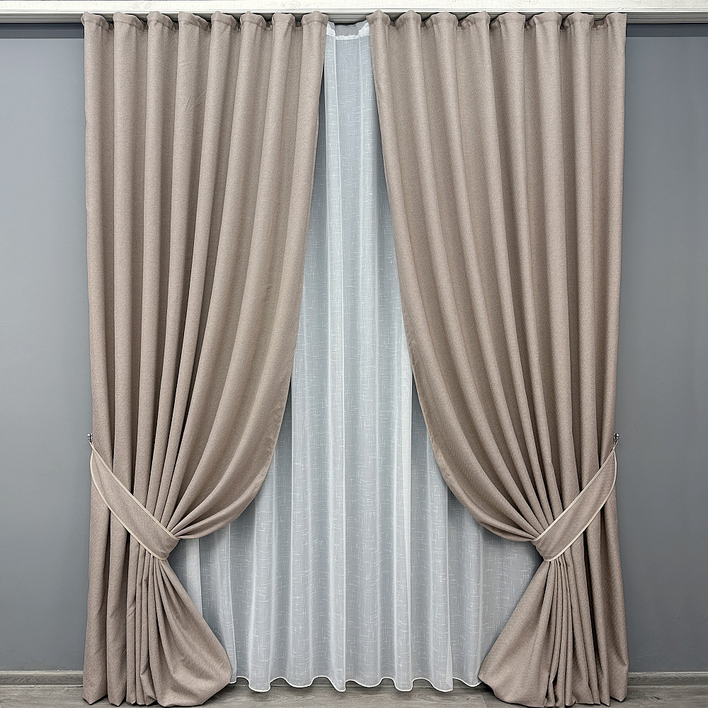 Комплект штор VR-Textil лен премиум ELEMENTA 200х270 2шт и Тюль 600х270 1869ш-115т бежевый с белым 71-073/7 Киев - изображение 1
