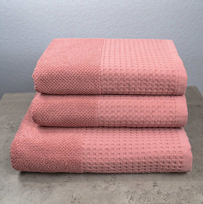 Комплект махровых полотенец Вафельный Бордюр 3шт GM Textile 50х90см, 50х90см, 70х140см 500г/м2 (Пудра) Сумы - изображение 1