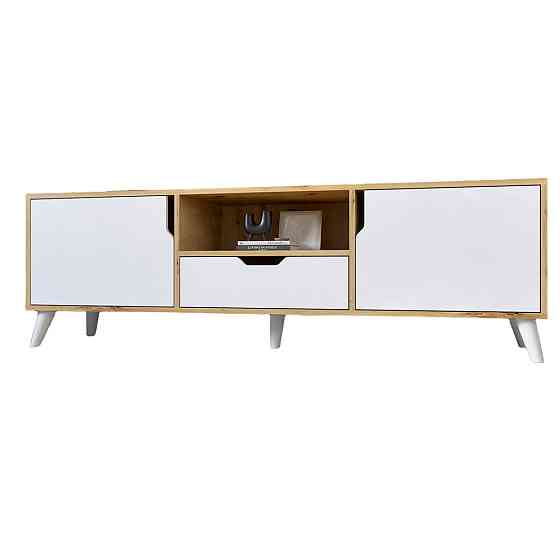 Тумба под телевизор с белыми ножками М-ЗОН Борн 1600 Дуб Артизан/Нимфея Альба (белый) (MZN-031079) Львов