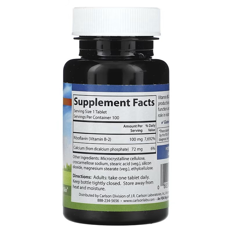 Вітамін В2 Carlson Vitamin B-2, 100 mg, 100 Vegetarian Tablets Луцьк - фото 2