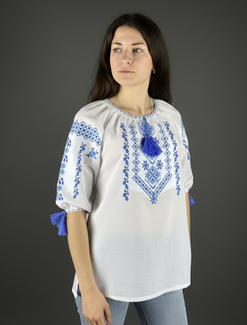 Жіноча вишиванка з геометричним орнаментом в голубих відтінках Київ - фото 1