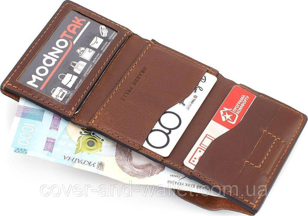 Маленький шкіряний гаманець ручної роботи на магнітах коричневого кольору Grande Pelle Київ - фото 7