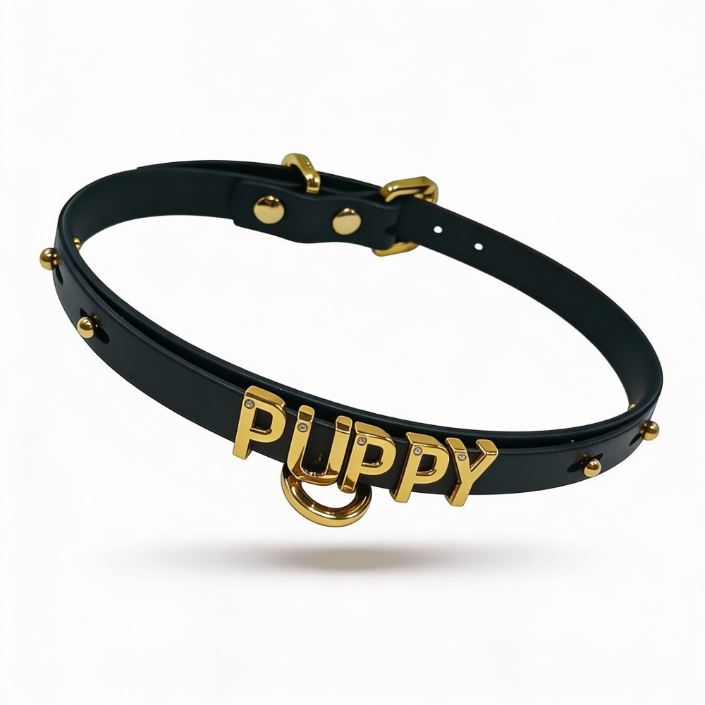 Чокер з написом PUPPY від UPKO з італійської шкіри, чорний із золотою фурнітурою Sex Aura Київ - фото 4