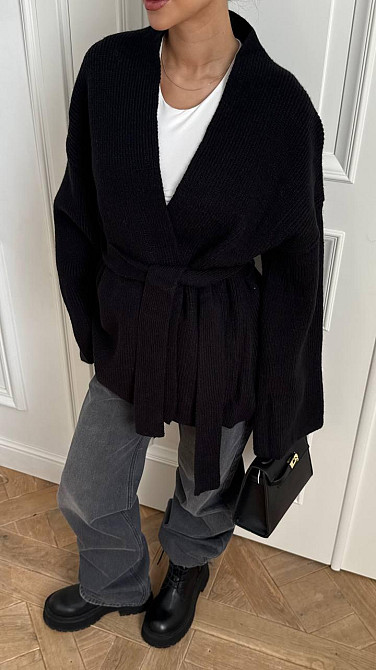 Женский уютный базовый кардиган оверсайз с поясом турецкая вязка ангора Черный Одесса - изображение 1