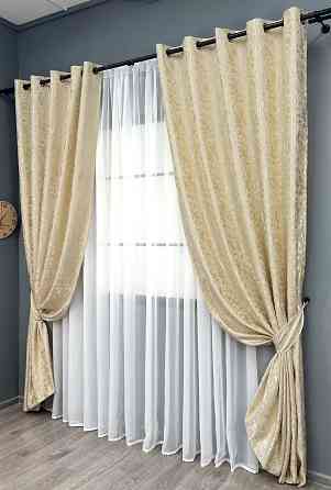 Комплект штор на люверсах VR-Textil Льон мармур Pavliani ХО № 1909ш Кремовий 150х250 см 2 шт (37-0320) Київ
