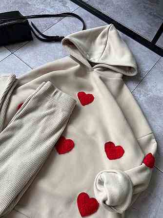 Жіночий теплий прогулянковий костюм-двійка з сердечками тринитка на флісі + ангора рубчик Беж, 50/52 Одеса