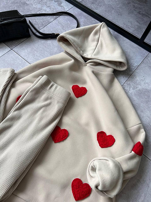 Жіночий теплий прогулянковий костюм-двійка з сердечками тринитка на флісі + ангора рубчик Беж, 50/52 Одеса - фото 6