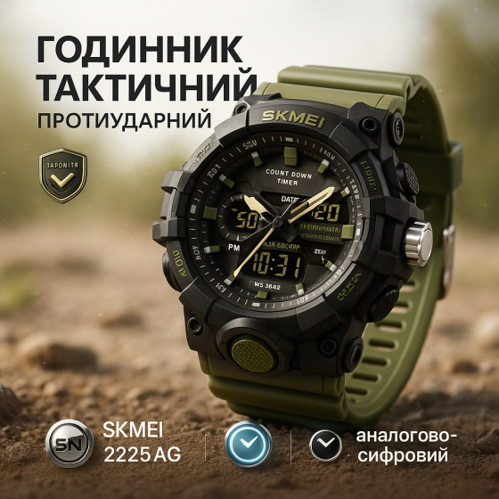 Тактичний годинник для ЗСУ SKMEI 2225AG, Чоловічий водонепроникний спортивний наручний годинник skmei FJ-91 Львів