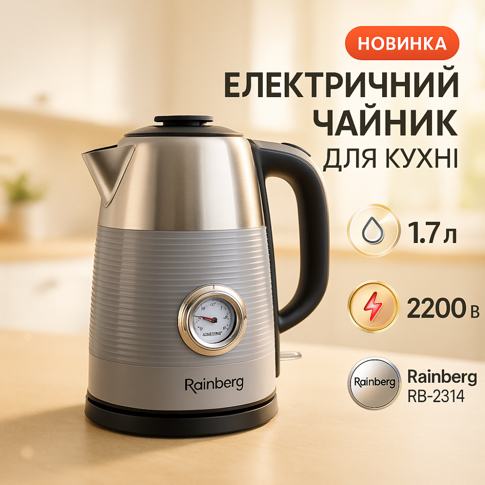 Чайник электрический с датчиком температуры Rainberg RB-2314 2200Вт 1.7л Gray JA-53 Львов - изображение 12