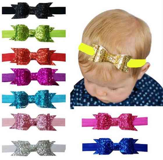 Пов'язка дитяча з блискітками салатова - розмір універсальний (на резинці), бантик 9см Київ