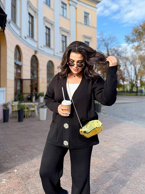 Женский базовый прогулочный костюм: кофта и штаны мелкая машинная вязка Черный Одесса - изображение 1