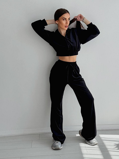 Женский стильный костюм двойка: кофта и штаны из плюш велюра Черный, 42/44 Одесса - изображение 1