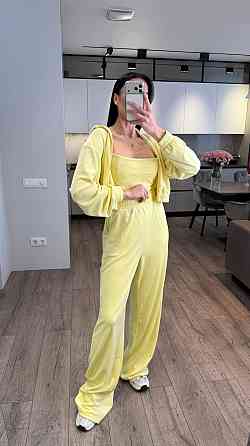 Женский стильный повседневный костюм тройка велюр плюш Лимонный, 44/46 Одесса