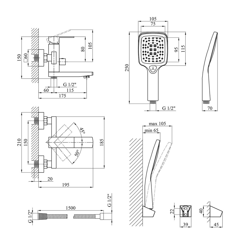 Змішувач для ванни з душовим гарнітуром Kroner KRP Edelstahl Kubus - SCH060 чорний Київ - фото 2