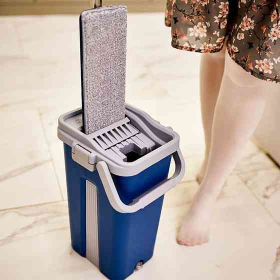 Швабра с ведром 11л с отжимом и 2 насадками Cleaning Mop, Синяя / Комплект для уборки швабра лентяйка и ведро / Швабра для мытья Киев