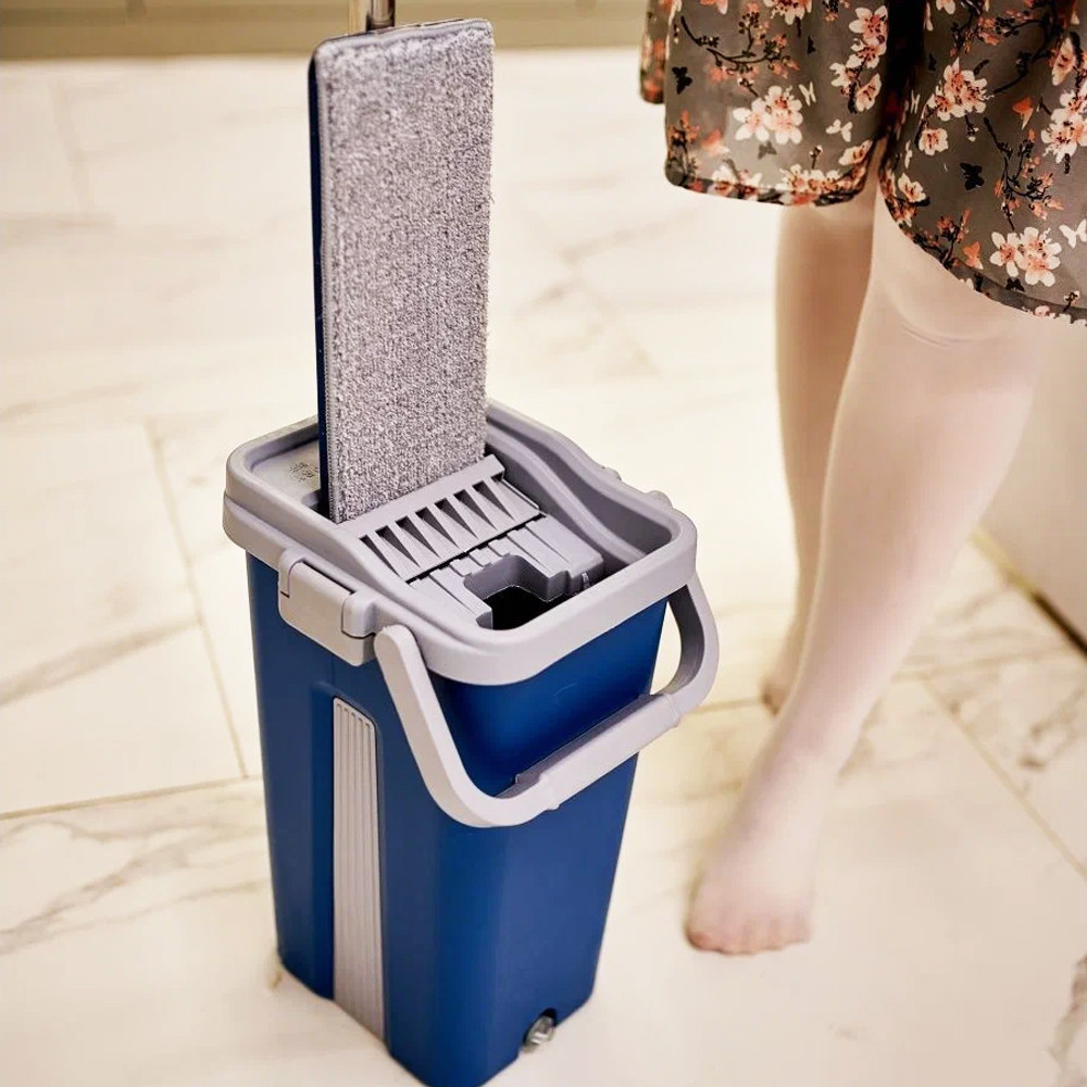 Швабра с ведром 11л с отжимом и 2 насадками Cleaning Mop, Синяя / Комплект для уборки швабра лентяйка и ведро / Швабра для мытья Киев - изображение 5
