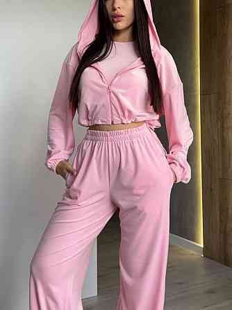 Жіночий прогулянковий костюм трійка: худі топ і штани велюр плюш Одеса