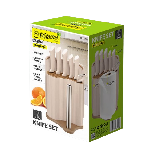 Набір ножів 8 предметів:(6шт + обробна дошка + підставка з тримачем паперових рушників) бежевий MR-1413-BEIGE Maestro Житомир - изображение 9