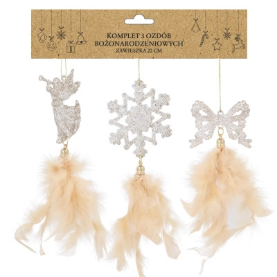 Елочная игрушка Chomik Янгол, бант, сніжинка з пір'ям, комплект 3 шт, 22 см, шампань (5900779855892) Винница - изображение 1