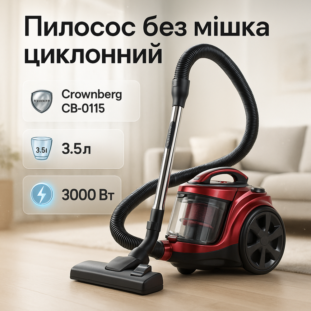 Мощный пылесос циклонного типа без мешка Crownberg CB-0115 3000Вт 3.5л, Пылесос с фильтрацией BL-99 Львов - изображение 2