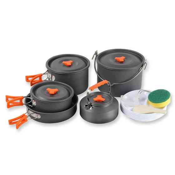 Набір туристичного посуду (2 каструлі з кришкою, котелок, сковорідка, чайник, 6 тарілок, ложка, черпак та губка) BRS-157, алюміній Київ