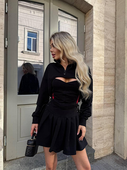 Женский стильный летний костюм-тройка с подтягивающим корсетным топом двухнитка + зербаная Черный, 44/46 Одесса - изображение 10