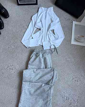 Женский стильный повседневный костюм двойка двунить Бело-серый Одесса