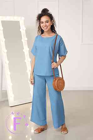 Жіночий костюм вільного крою з натурального льону "Delux" оптом | Розпродаж моделі Блакитний, 42-44 Київ