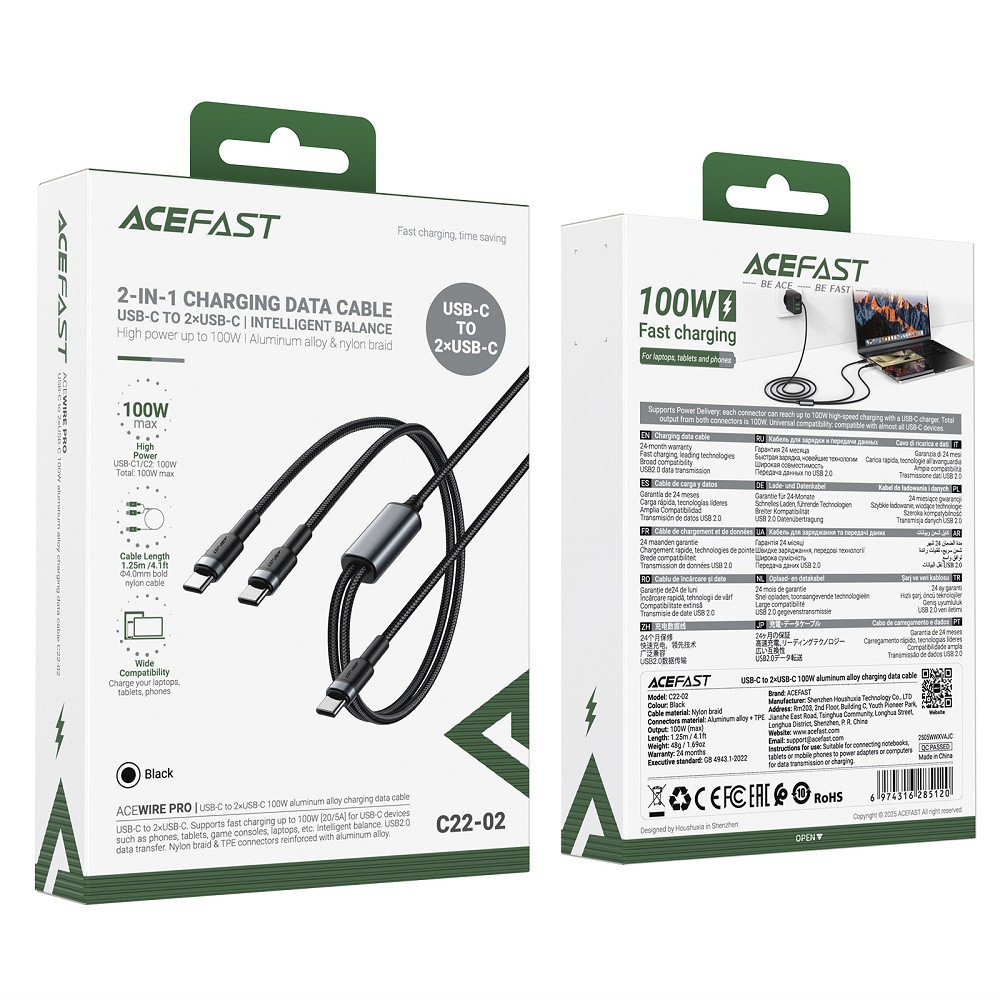 Кабель ACEFAST C22-02 USB-C to 2*USB-C 100W aluminum alloy charging data cable Black Киев - изображение 2