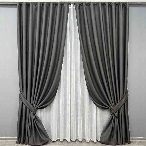 Комплект штор VR-Textil рогожка преміум TERRA LUXE 150х270 2шт і Тюль 400х270 1857ш-115т графітовий з білим 71-075/3 Київ