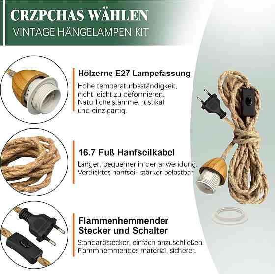 Подвесной светильник из конопляного каната E27 с выключателем и вилкой кабель 510 см для деревенского стиля Киев