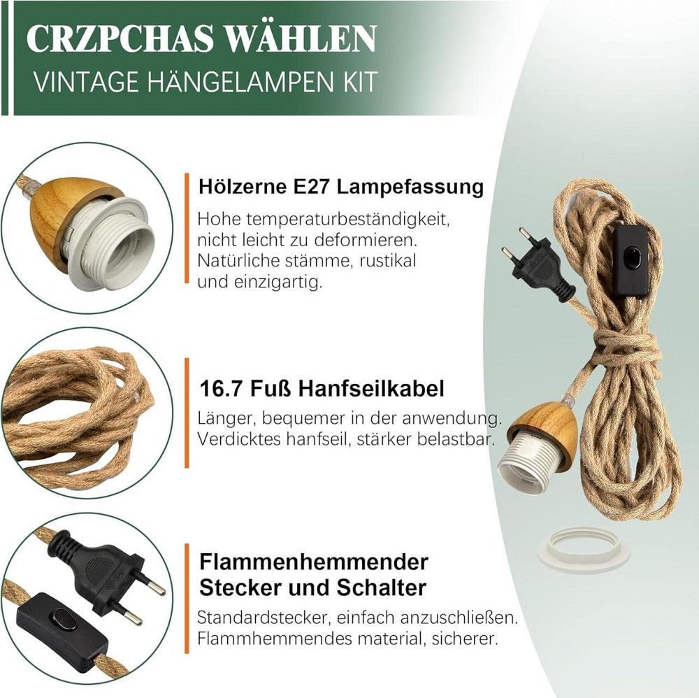Подвесной светильник из конопляного каната E27 с выключателем и вилкой кабель 510 см для деревенского стиля Киев - изображение 5