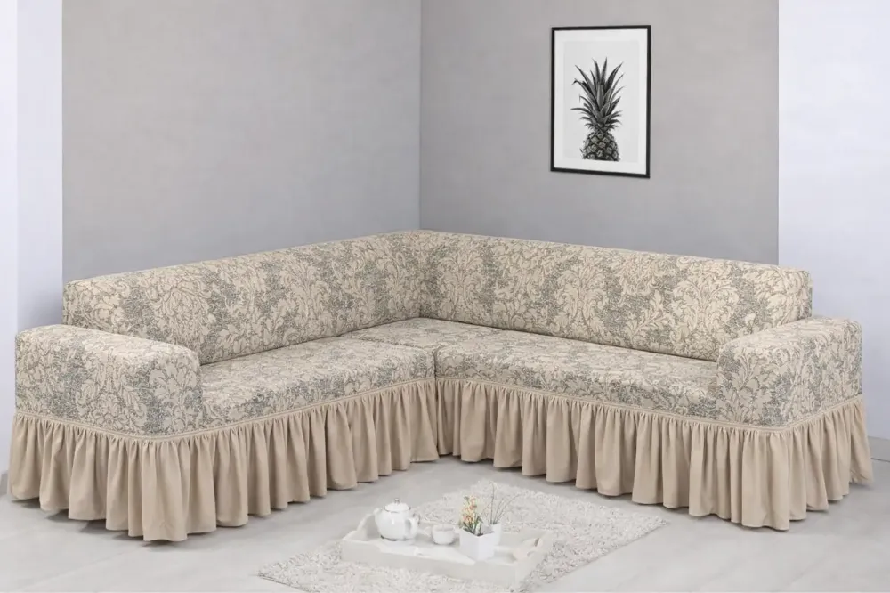 Угловой жаккардовый чехол на диван, универсальный натяжной чехол, накидка на диван Бежевый Коломыя - изображение 1