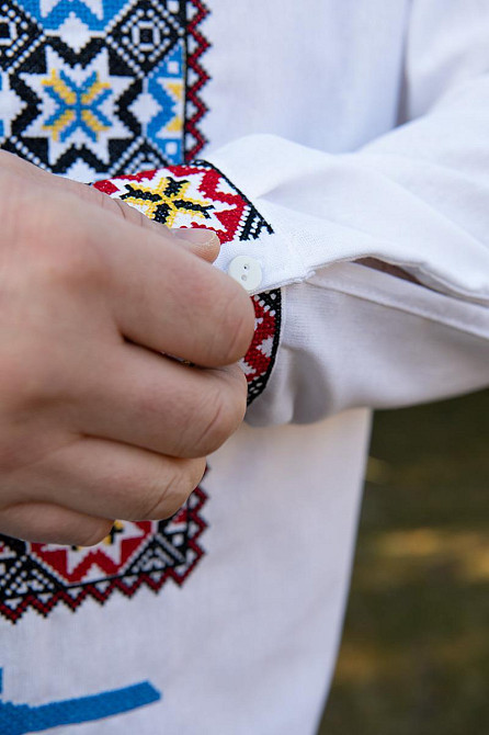 Вышиванка мужская, льняная, с длинным рукавом, белая, лен   , топ Киев - изображение 4