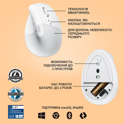 Мышка Logitech Lift Vertical Ergonomic Wireless/Bluetooth White (910-006475) Винница - изображение 6
