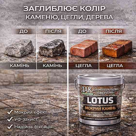 Фасадний лак для каменю та цегли LOTUS «Мокрий камінь» глянцевий акриловий прозорий для фасаду, бетону та дерева 5 л Харків