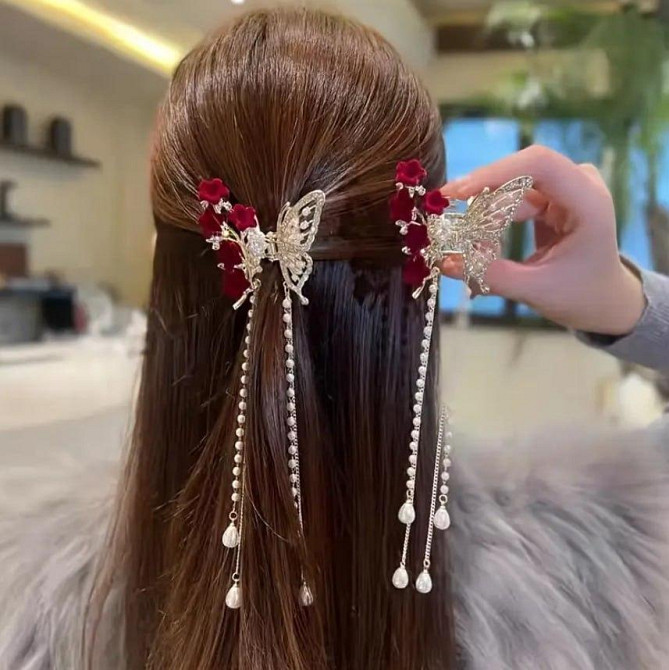 Заколка-краб «Бабочка и бордовые цветы» с жемчужными подвесками Киев - изображение 1