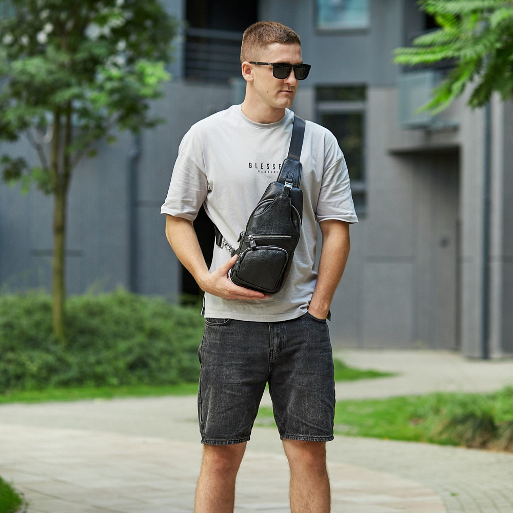 Чоловіча шкіряна сумка-слінг 17х32х7, бананка для роботи та офісу TIDING BAG - MK-96303 чорна Київ - фото 9