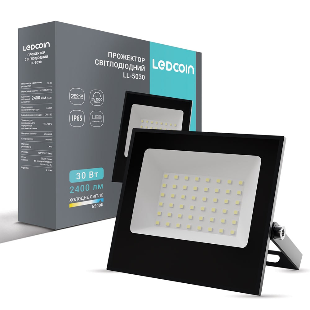 Світлодіодний прожектор Ledcoin LL-5030 30Вт 6500K чорний Харьков - изображение 1