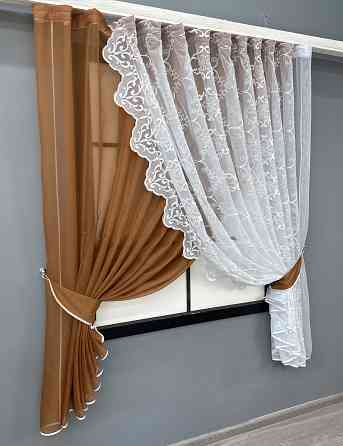 Кухонные шторки VR-Textil № 101к с подвязками коричневый с белым 330х170 см (52-1197) Киев