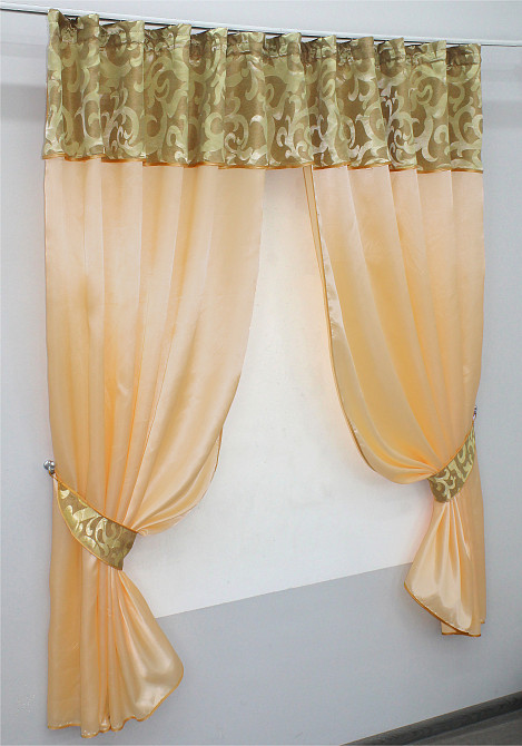 Кухонные шторы VR-Textil № 073к с ламбрекеном и подхватами персиковый с золотистым 270х170 см (52-0196) Киев - изображение 2