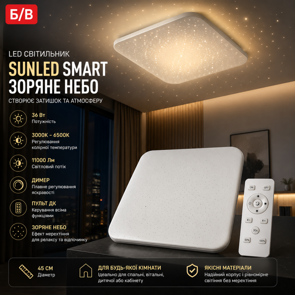 Б/У LED светильник Sunled Smart Звездное небо 36 Вт 45 см, 3000–6500K, 11000 лм, диммер, пульт ДУ, белый Киев - изображение 9