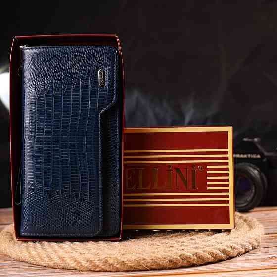 Добротное портмоне клатч из натуральной фактурной кожи Синее (CANPELLINI) Киев