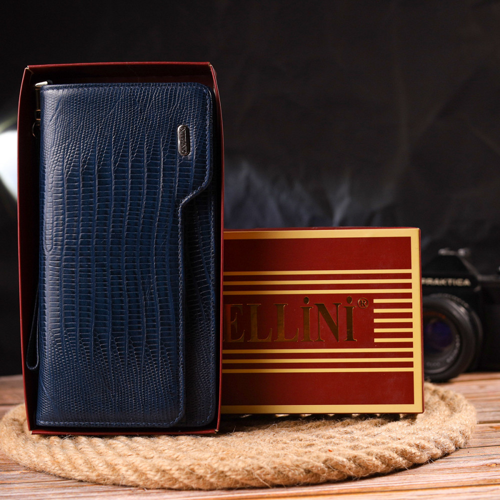 Добротное портмоне клатч из натуральной фактурной кожи Синее (CANPELLINI) Киев - изображение 4