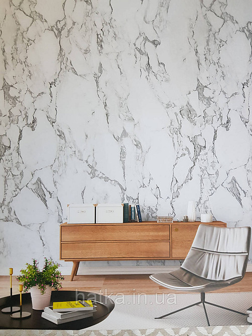 Обои виниловые Grandeco One roll one motif 1.59x2.8 панно мурал 3д под камень мрамор черный на белом Киев - изображение 1